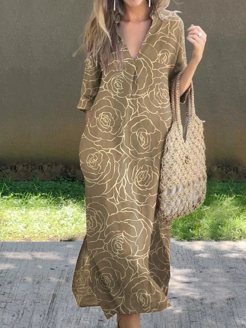 Casual V-Neck Slit Printed Dress