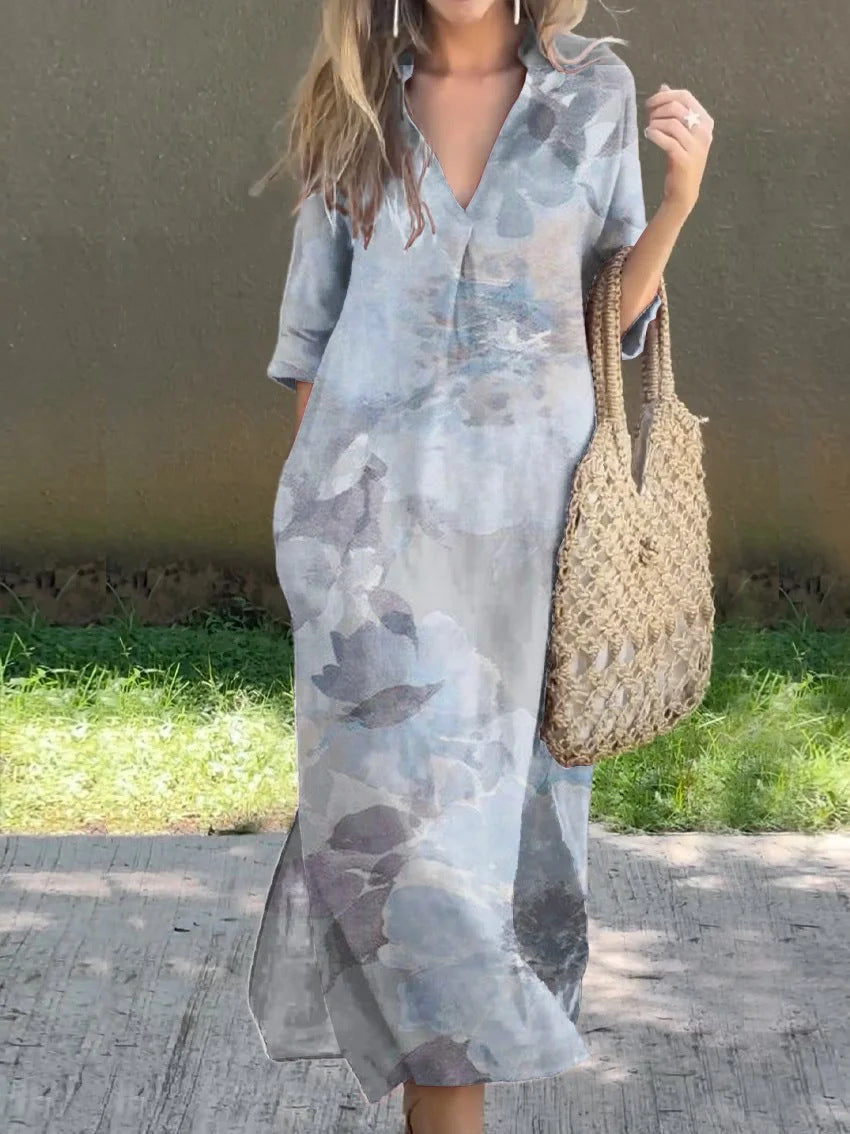 Casual V-Neck Slit Printed Dress