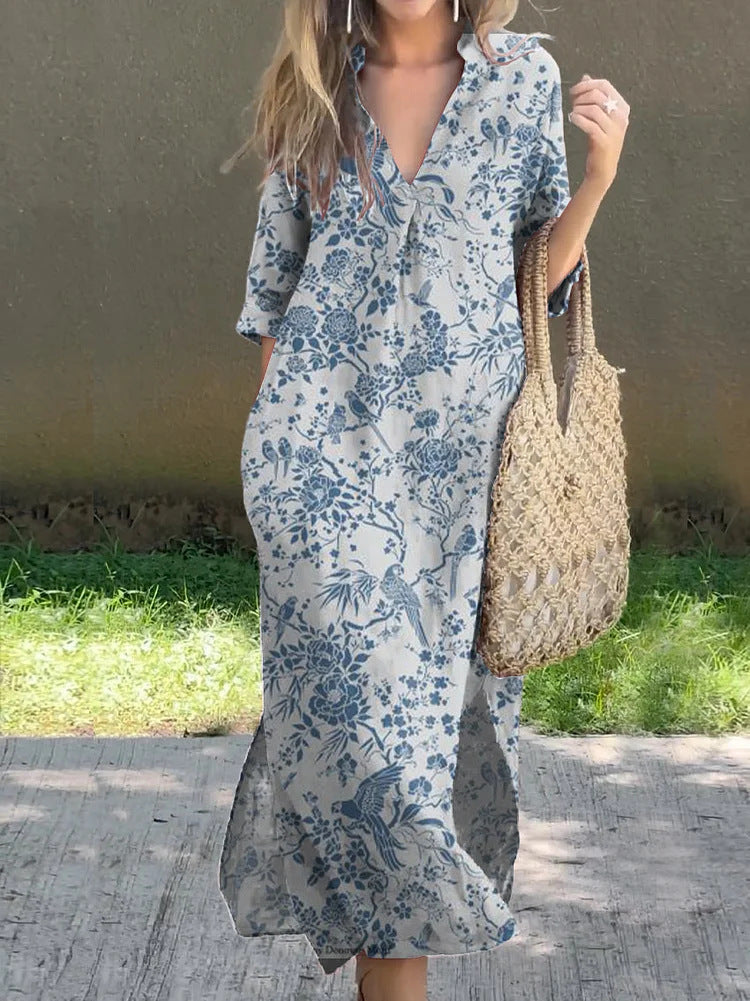 Casual V-Neck Slit Printed Dress