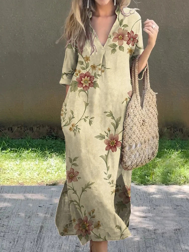 Casual V-Neck Slit Printed Dress