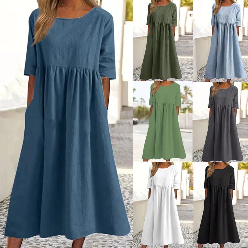 🔥Hot Sale -Round Neck Pocket Halter Cotton Dress