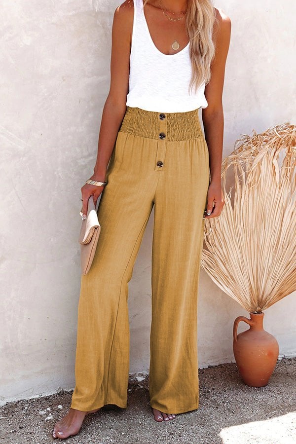 2025 Hot Sale Linen Blend High Rise Smocked Pants