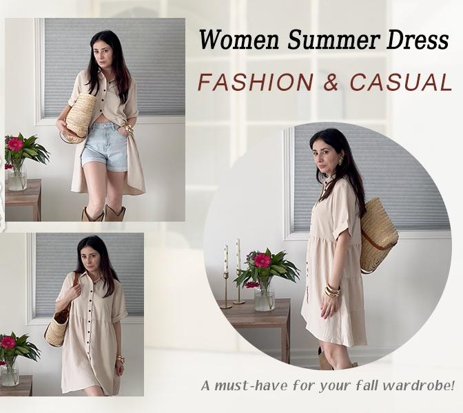 💃2026 Summer Sale-60% OFF💐Women's Short Sleeve Button Down Textured Babydoll Dress with Pockets