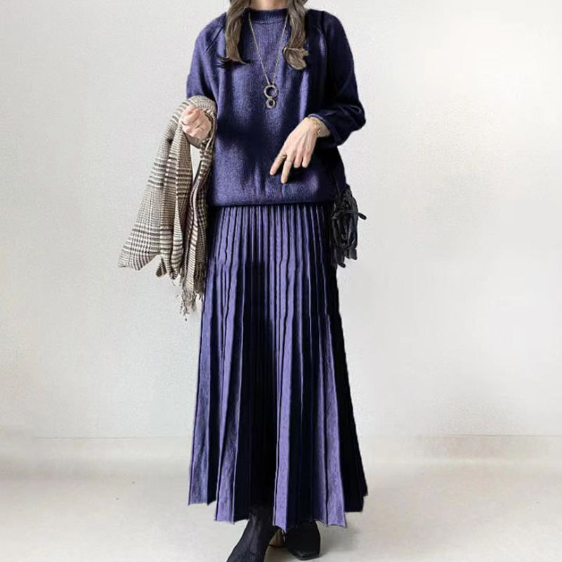 🎅Christmas Pre-sale🎁Women's Round-Neck Top & Pleated Skirt 2-Piece Set