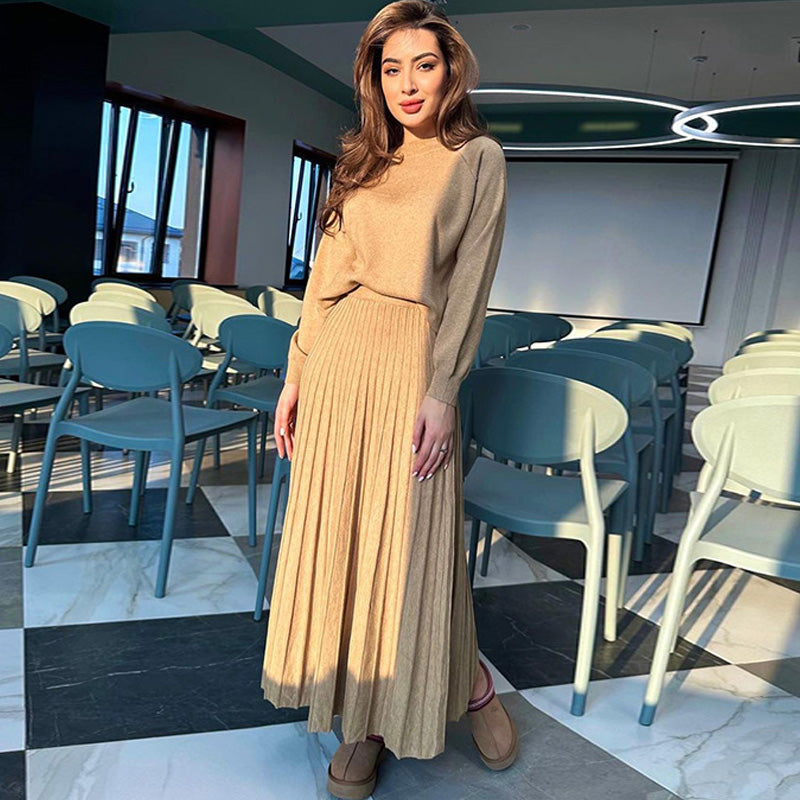 🎅Christmas Pre-sale🎁Women's Round-Neck Top & Pleated Skirt 2-Piece Set