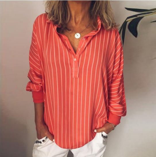 Ladies Striped Print Loose Oversized Shirt Top