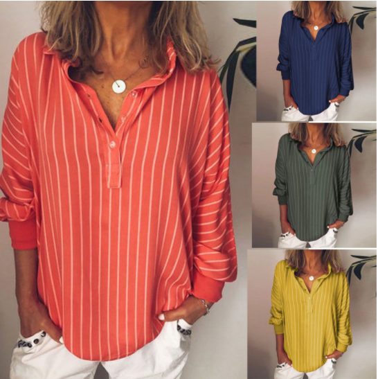 Ladies Striped Print Loose Oversized Shirt Top