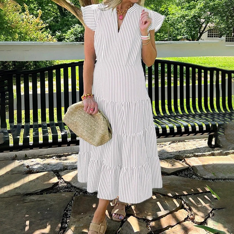 BUY 2 FREE SHIPPING✈️🏖️Summer Hot Sale 49% OFF🌼Women’s Striped Tiered Ruffle Midi Dress