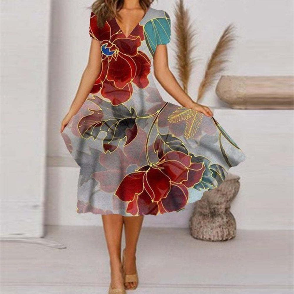 🎁 Hot Sale 49% OFF 🔥Women's Flowy V-Neck Printed Dress