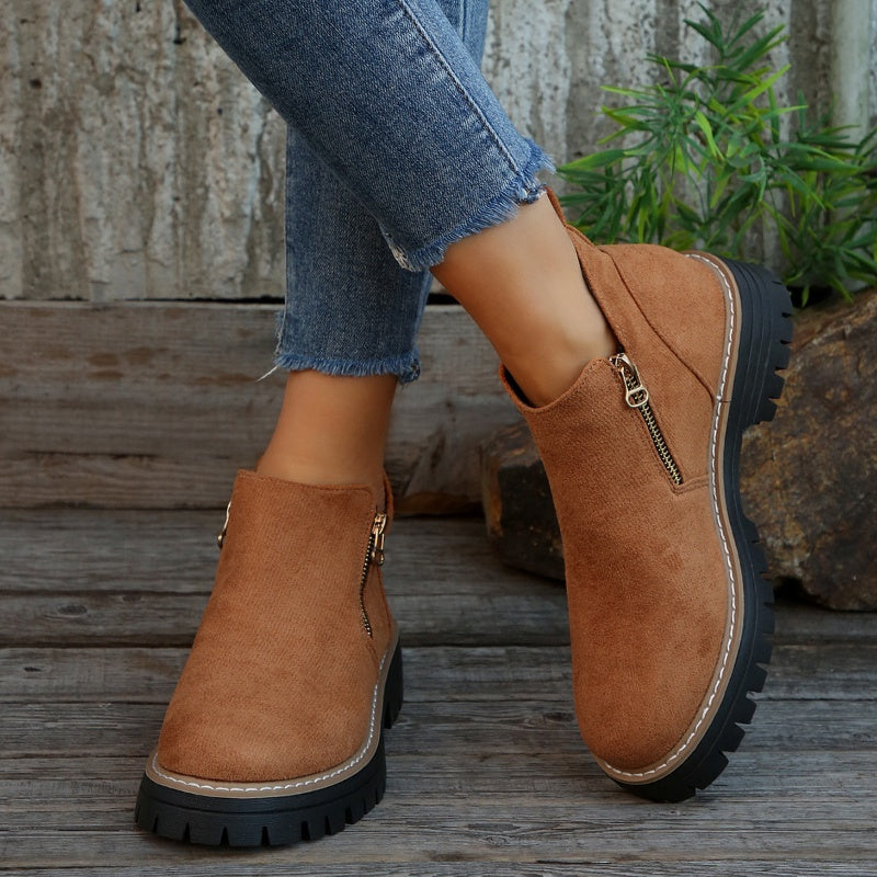 Women's Round-Toe Ankle Boots with Side Zipper