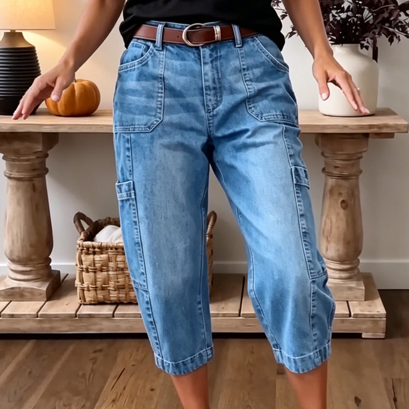 👖 LIMITED-TIME 50% OFF! ✨ Women's Casual Stretchy Cropped Denim Pants – Barrel Fit, Mid-Waist, Multi-Pockets 🌿