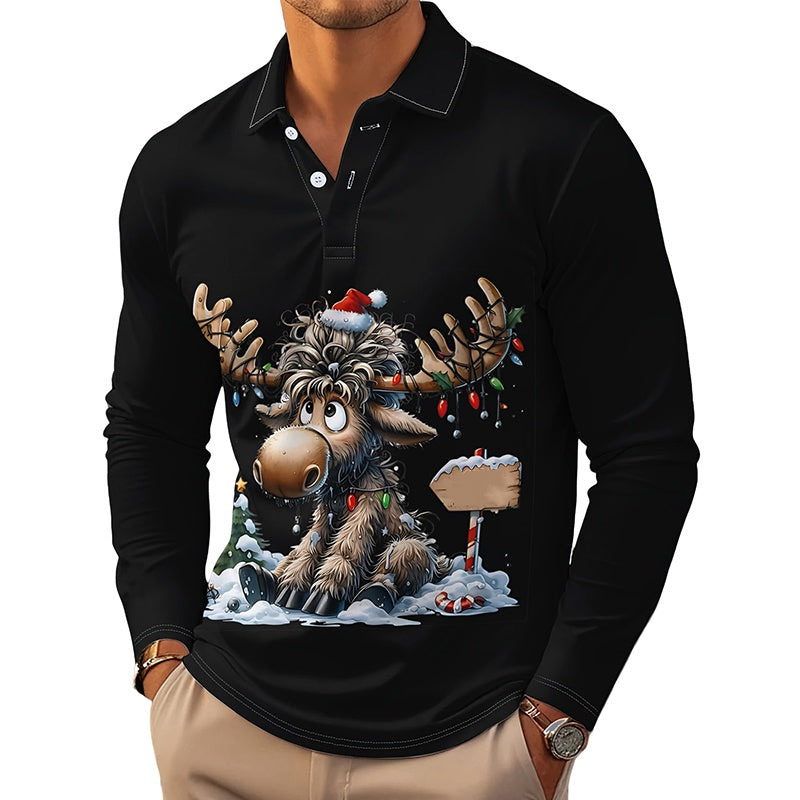 Men's Moose Print Long Sleeve Collared Top