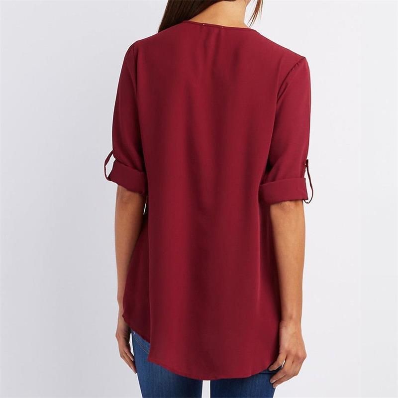 Women's V-neck Zipper Plus Size Long-sleeved Chiffon Shirt