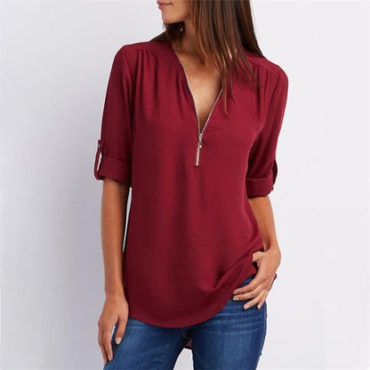 Women's casual zippered V-neck shirt