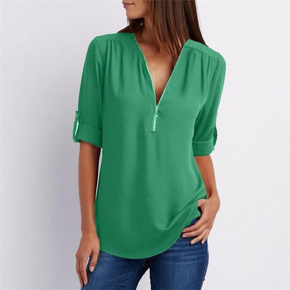 Women's casual zippered V-neck shirt