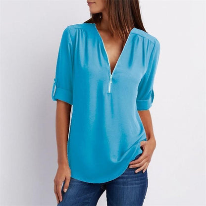 Women's V-neck Zipper Plus Size Long-sleeved Chiffon Shirt