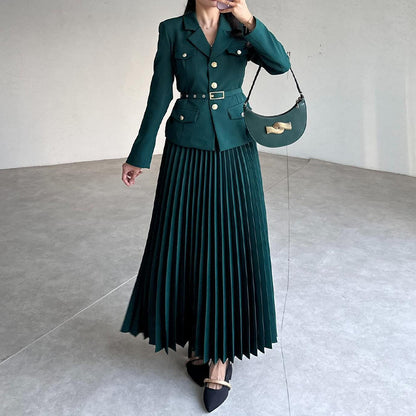 ✨New Arrival✨Women's Lapel Blazer & Pleated Maxi Skirt 2-Piece Set with Matching Belt