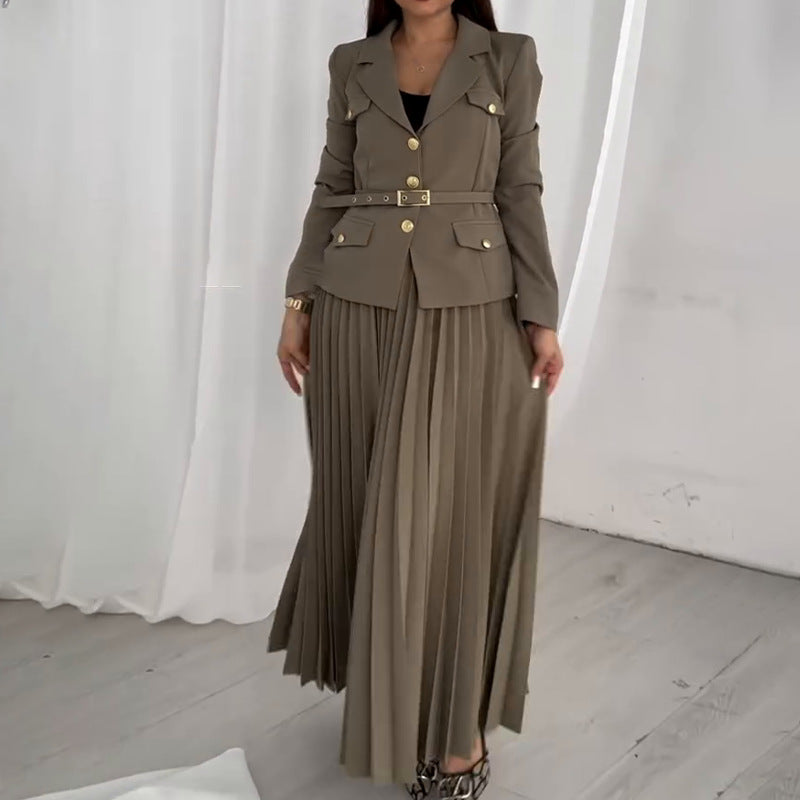 ✨New Arrival✨Women's Lapel Blazer & Pleated Maxi Skirt 2-Piece Set with Matching Belt