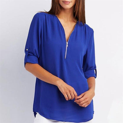 Women's V-neck Zipper Plus Size Long-sleeved Chiffon Shirt