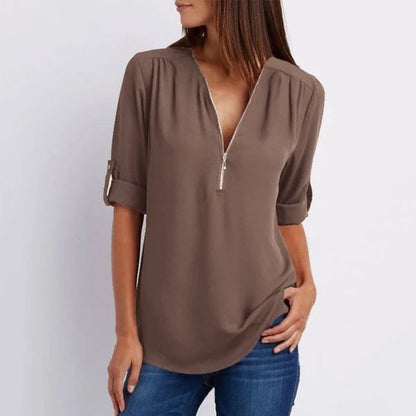 Women's V-neck Zipper Plus Size Long-sleeved Chiffon Shirt