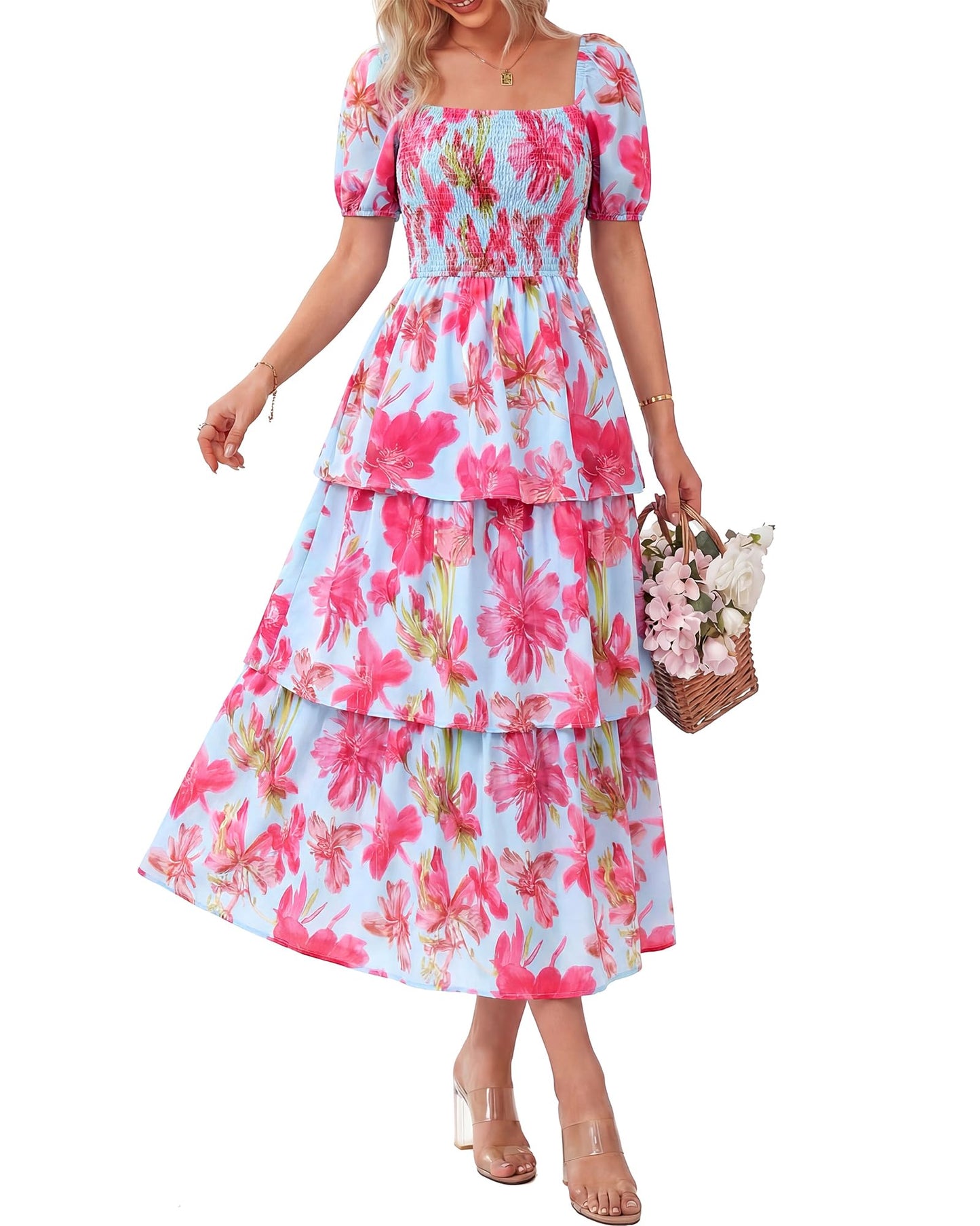 🌸 Summer Dream – Maxi Chiffon Dress with Floral Print and Ruffles – Short-Sleeved with a Round Neckline