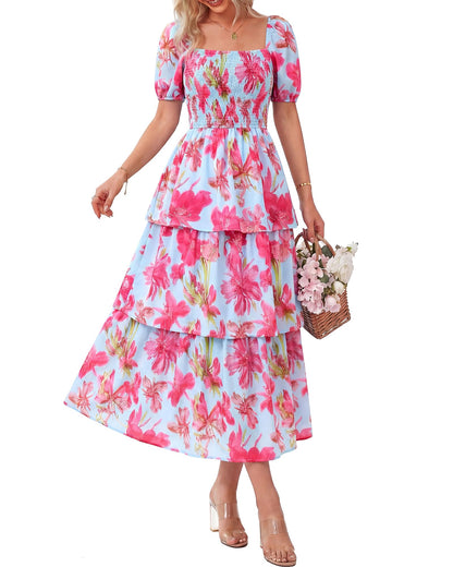 🌸 Summer Dream – Maxi Chiffon Dress with Floral Print and Ruffles – Short-Sleeved with a Round Neckline
