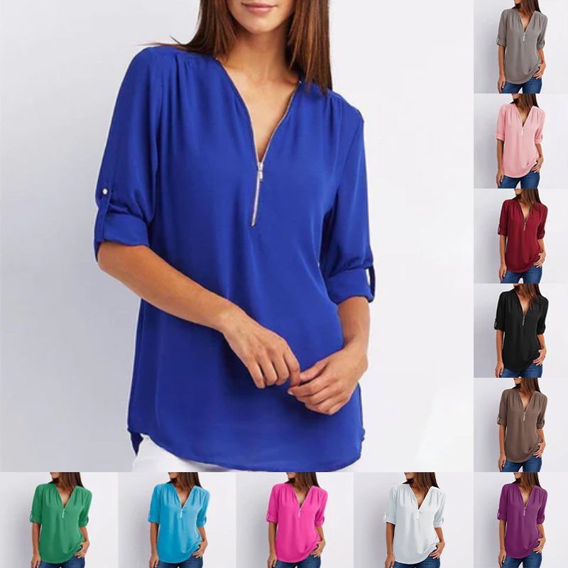 Women's V-neck Zipper Plus Size Long-sleeved Chiffon Shirt