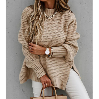 Solid Color Knit Sweater with Side Slits and Crew Neck