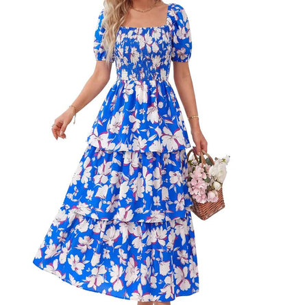 🌸 Summer Dream – Maxi Chiffon Dress with Floral Print and Ruffles – Short-Sleeved with a Round Neckline