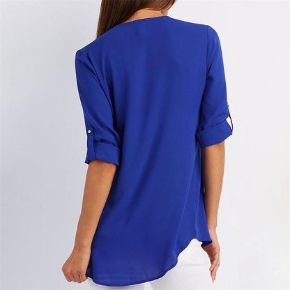 Women's V-neck Zipper Plus Size Long-sleeved Chiffon Shirt