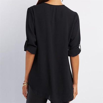 Women's V-neck Zipper Plus Size Long-sleeved Chiffon Shirt