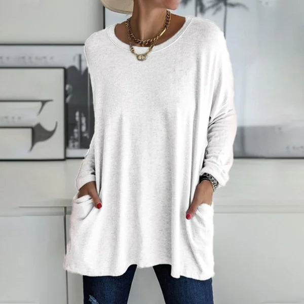 Round Neck Long Sleeve Loose Pocket Solid T-Shirt