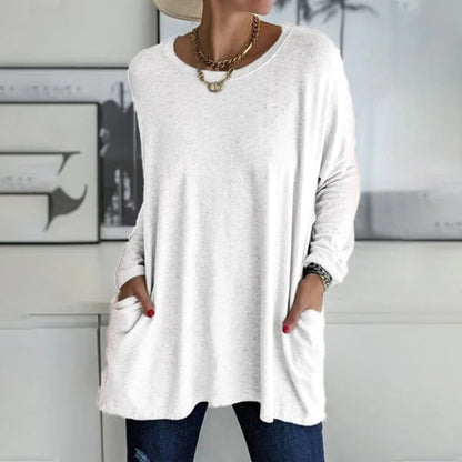 Round Neck Long Sleeve Loose Pocket Solid T-Shirt