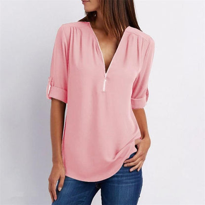 Women's casual zippered V-neck shirt