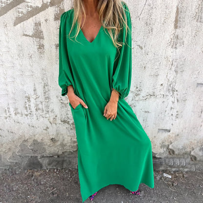 V-neck Solid Color Lantern Sleeve Dress
