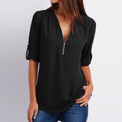 Women's V-neck Zipper Plus Size Long-sleeved Chiffon Shirt