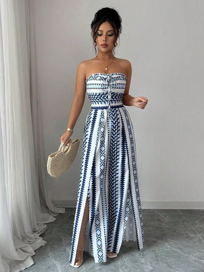 👗💙 Geometric Jumpsuit with Halter Neckline & Side Slit – 50% OFF! Perfect for Beach, Office & Evening. 🔥✨