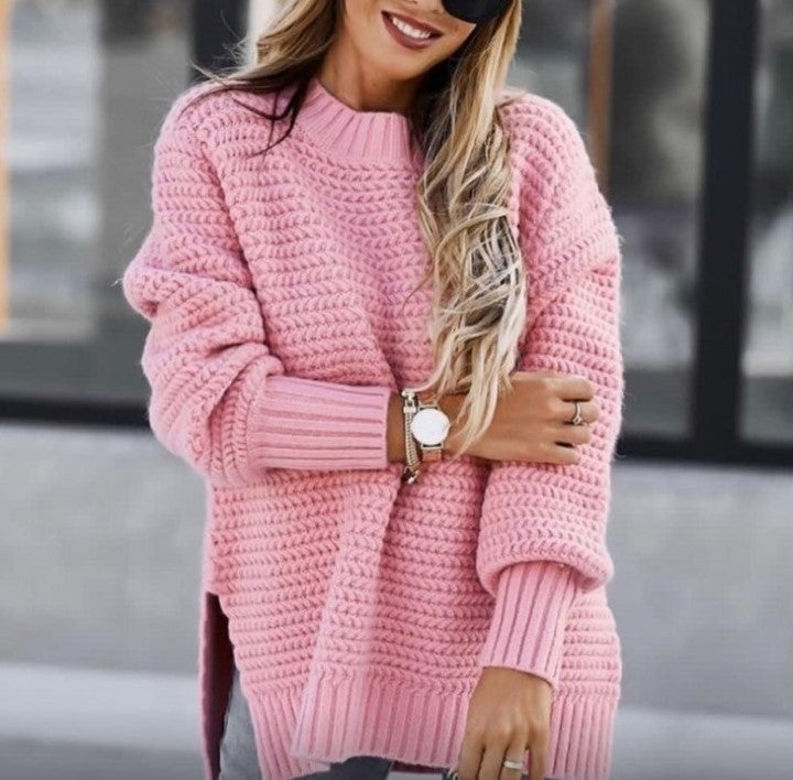 Solid Color Knit Sweater with Side Slits and Crew Neck