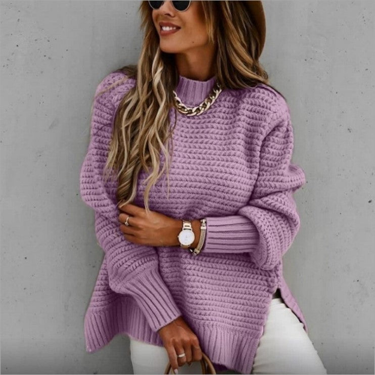 Solid Color Knit Sweater with Side Slits and Crew Neck