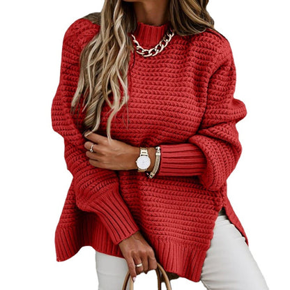 Solid Color Knit Sweater with Side Slits and Crew Neck