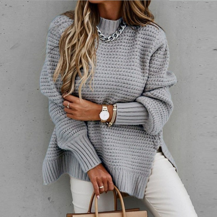 Solid Color Knit Sweater with Side Slits and Crew Neck