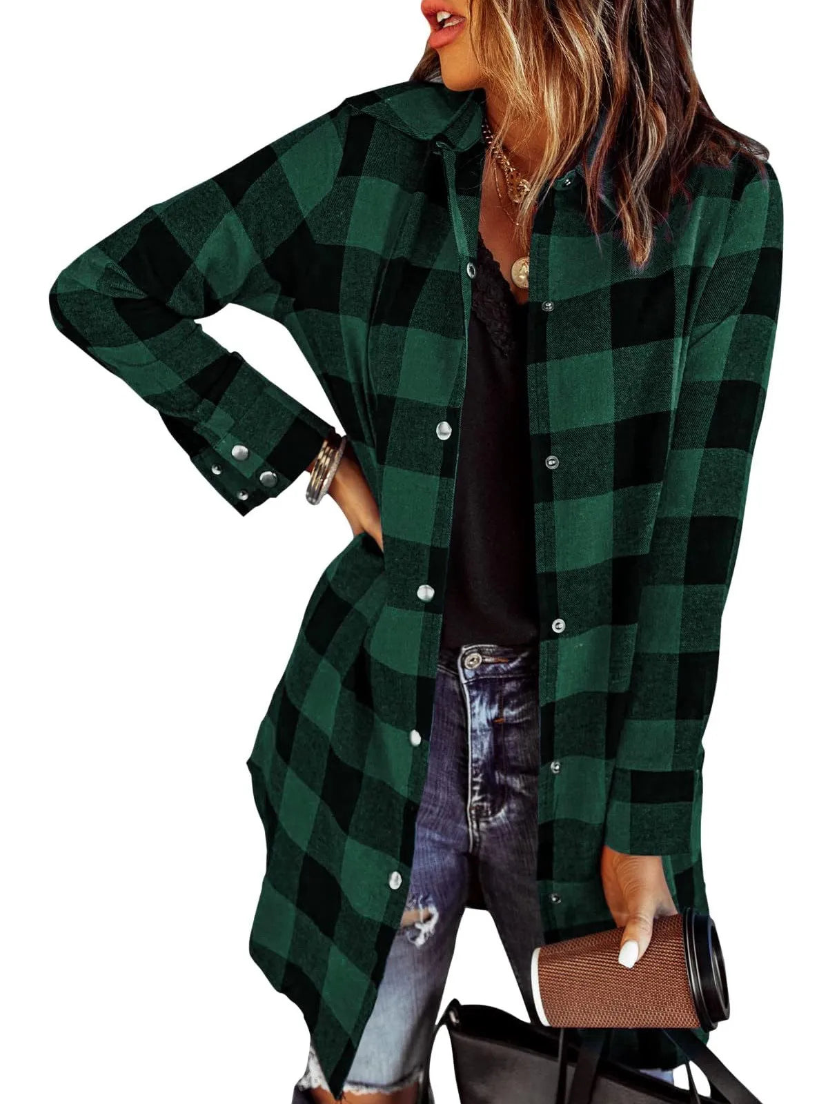 Women’s Plaid Longline Shirt Jacket