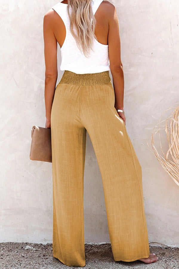 2024 Hot Sale Linen Blend High Rise Smocked Pants