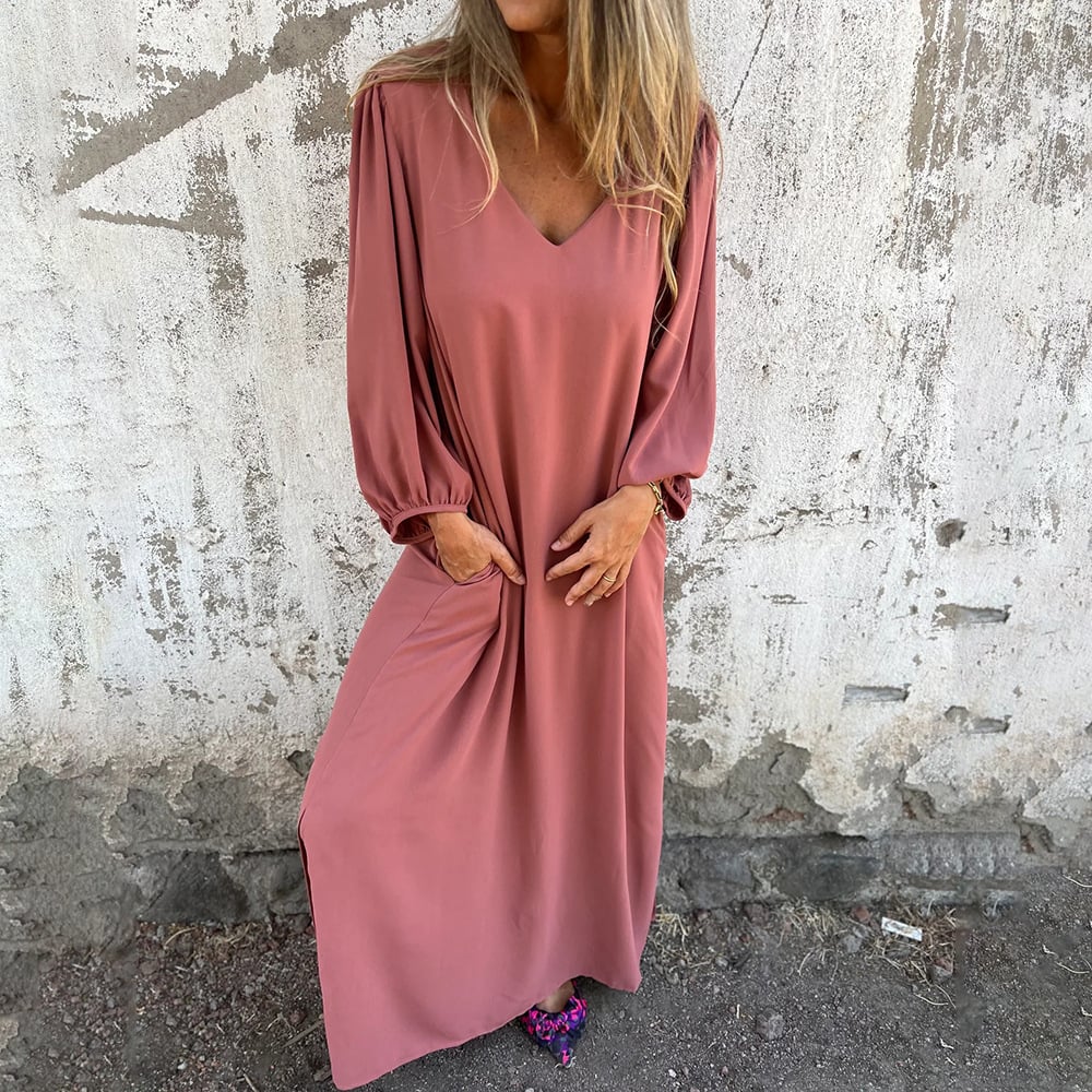 V-neck Solid Color Lantern Sleeve Dress