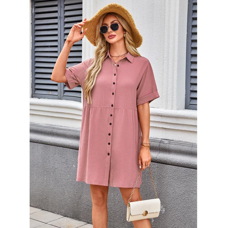 💃2026 Summer Sale-60% OFF💐Women's Short Sleeve Button Down Textured Babydoll Dress with Pockets