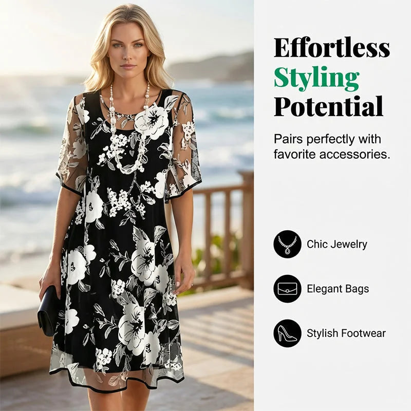 🌸 50% OFF NOW! ✨ Women's Floral A-Line Party Dress – Double-Layer Chiffon, Elegant Print & Knee-Length Fit 👗