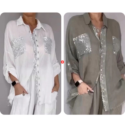 Women's Sequin Shirt & Wide-Leg Pants Set