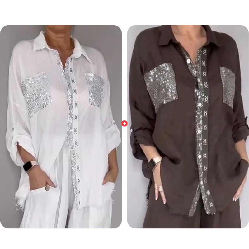 Women's Sequin Shirt & Wide-Leg Pants Set