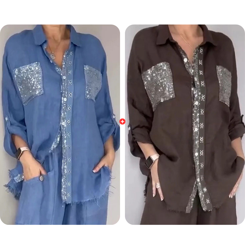 Women's Sequin Shirt & Wide-Leg Pants Set