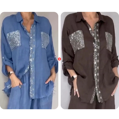 Women's Sequin Shirt & Wide-Leg Pants Set
